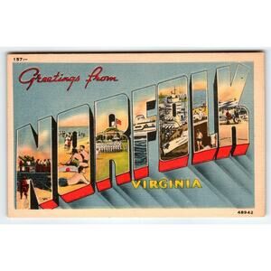 Greetings From Norfolk Virginia 1940's Postcard Large Letter Linen Vintage VA